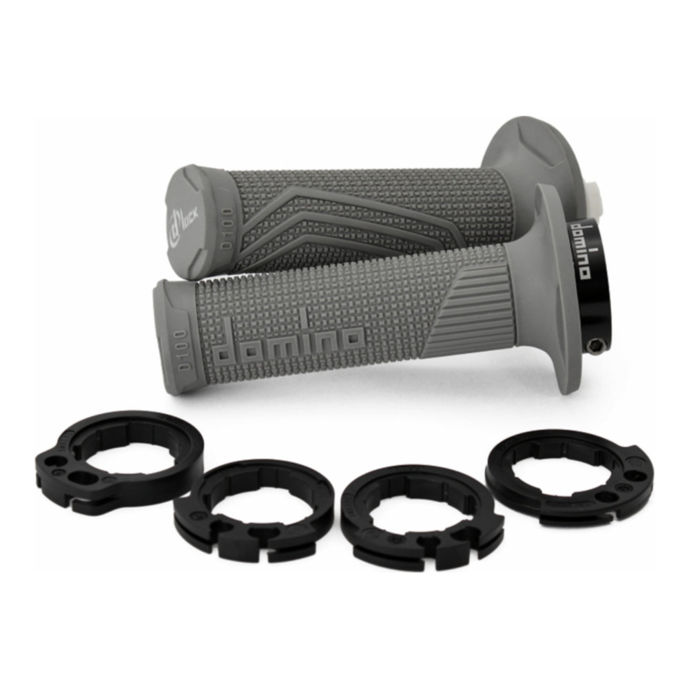 Manopole Lock-On DOMINO D100 con ghiere - Grigio per FANTIC, GAS GAS, HONDA, HUSQVARNA, KAWASAKI, KTM, SUZUKI, TM, TRIUMPH, YAMAHA cod. MNL1560G