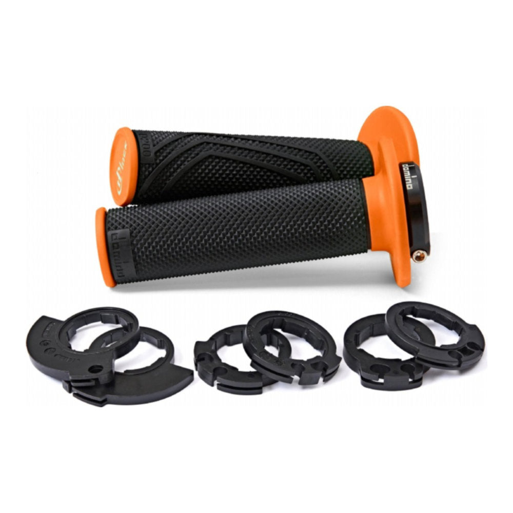 Manopole Lock-On DOMINO D200 con ghiere - Nero/arancione per BETA, FANTIC, GAS GAS, HONDA, HUSABERG, HUSQVARNA, KAWASAKI, KTM, SHERCO cod. MNL1561A