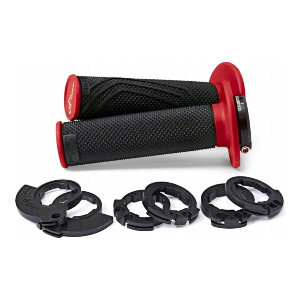 Manopole Lock-On DOMINO D200 con ghiere - Nero/rosso per BETA, FANTIC, GAS GAS, HONDA, HUSABERG, HUSQVARNA, KAWASAKI, KTM, SHERCO ecc. cod. MNL1561R