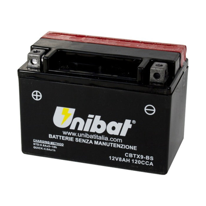 Batteria UNIBAT MF CBTX9-BS  /  YTX9-BS per APRILIA, BENELLI, BMW, CAGIVA, HONDA, KAWASAKI, KTM, KYMCO, MBK, MV AGUSTA, PIAGGIO, SUZUKI cod. UB009MF
